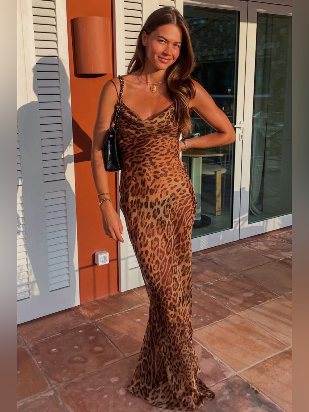 Sheer Mesh Leopard Print Cami Maxi Dress Body-con with Strap Back